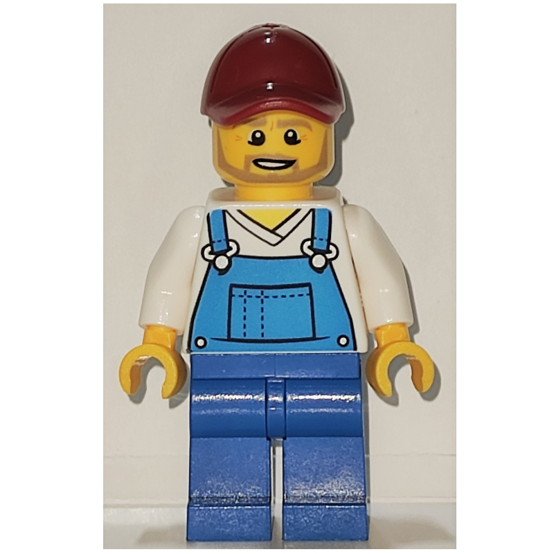 Lego Man, Blue Overalls over White V-Neck Shirt, Dark Red Cap, Beard
