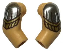 Arm, (Matching Left and Right) Pair with Silver Shoulders with White and Dark Brown Lines and Gold Armor Pattern / Warm Tan