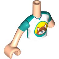 Lego Minidoll Torso with Left Limb Reduction, White/Dark Turquoise Shirt, Fox on Bright Light Orange Background print, Light Nougat Arms and Hand / Light Nougat
