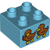 Lego Duplo Brick 2 x 2 with 2 Ducks / Ducklings Print / Medium Azure