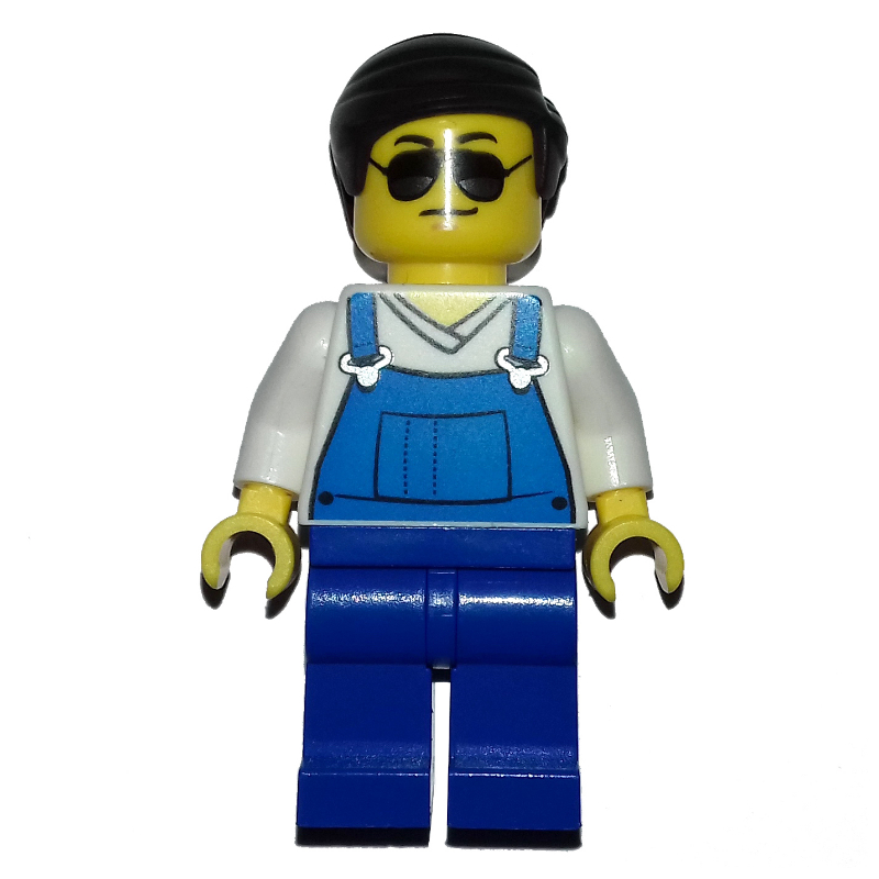 Lego Man, Blue Overalls over White V-Neck Shirt, Dark Brown Hair, Sunglasses