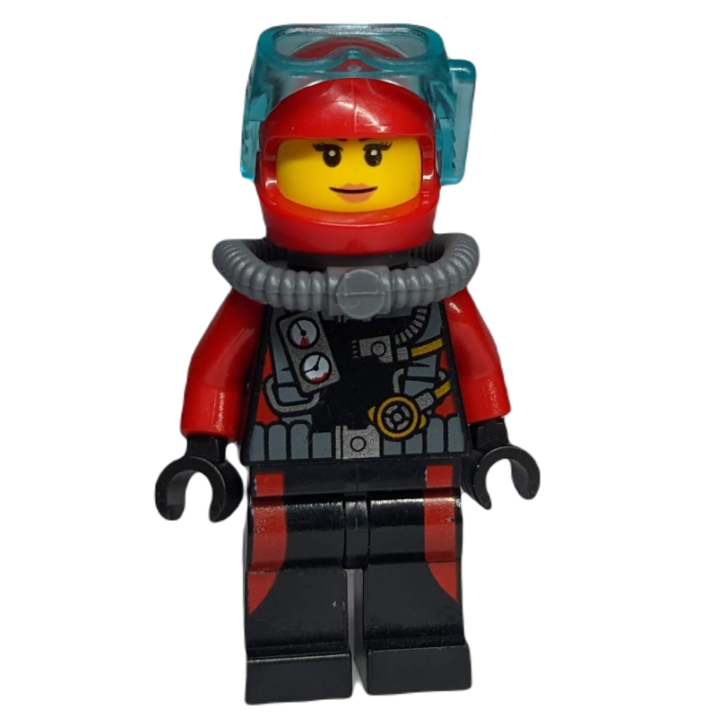 Lego Diver, Woman, Black and Red Wetsuit with Gauges, Red Helmet with Mask