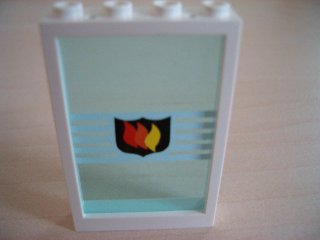 Lego Window 1 x 4 x 5 with Trans-Light Blue Glass with White Stripes and Fire Logo Badge Pattern