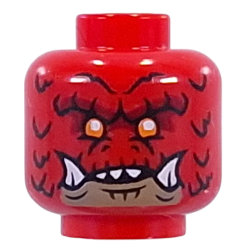 Lego Minifig Head Dragonian Scout, Dark Red Scales, Orange Eyes, Dark Tan Mouth, White Fangs / Red