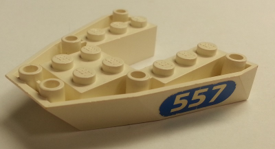 Lego Boat, Bow Brick 6 x 6 x 1 with '557' in Blue Oval Pattern on Both Sides (Stickers) - Set 6557