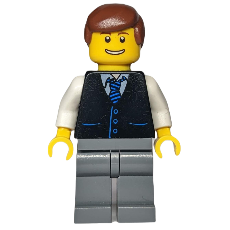 Lego Man - Black Vest, Dark Bluish Gray Legs, Reddish Brown Hair