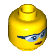 Lego Minifig Head Peach, Glasses Light Blue with Black Frame, Peach Lips, Closed Mouth Smile Print / Yellow