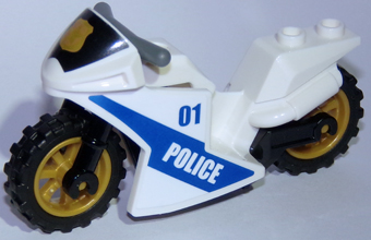 Lego Motorcycle Sport Bike with Black Windshield with Gold Badge Pattern, Black Frame, Pearl Gold Wheels and Dark Bluish Gray Handlebars with Police Pattern on Both Sides (Stickers) - Set 60137
