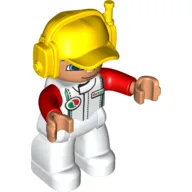 Duplo Figure with Headset and Cap Yellow, with White Race Suit with Red Sleeves and Octan Logo Print, Nougat Face and Hands, and White Legs / White