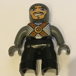 Duplo Figure with Rounded Head with Black Legs, Dark Bluish Gray Chest with Brown Belts, Dark Bluish Gray Arms, Dark Bluish Gray Hands / Dark Bluish Gray