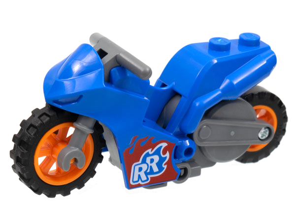 Lego Stuntz Flywheel Motorcycle Sport Bike Tapered Front with Dark Bluish Gray Frame, Orange Wheels, and Dark Bluish Gray Handlebars with White 'RR' on Red and Blue Flames Pattern