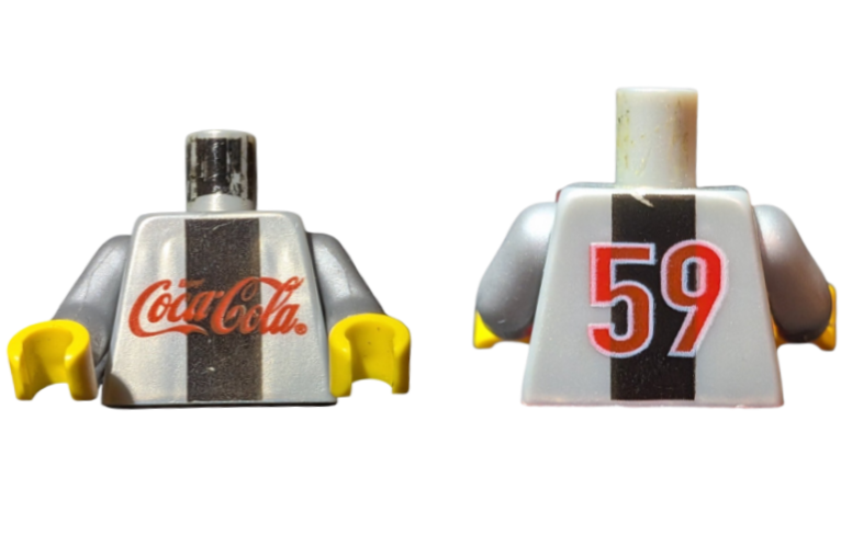 Lego Torso Soccer Jersey with Coca-Cola Logo and Black Stripe, Red '59' on Back Pattern / Pearl Light Gray Arms / Yellow Hands