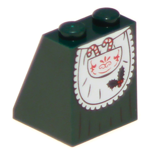 Lego Brick Sloped 65° 2 x 2 x 2 with Bottom Tube with White Apron with Candy Canes in Pocket Skirt with Red Detailing Print / Dark Green