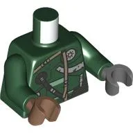 Torso, Odd Hands, Tan Straps, Dark Bluish Grey Hose, Armor, Silver Dial Print, Black Arms, Left Dark Bluish Grey, Hand, Right Medium Brown Hand / Dark Green
