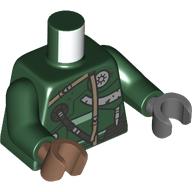 Lego Torso, Odd Hands, Tan Straps, Dark Bluish Grey Hose, Armor, Silver Dial print, Black Arms, Left Dark Bluish Grey, Hand, Right Medium Brown Hand / Dark Green