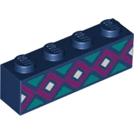 Brick 1 x 4 with Dark Purple and White Squares, Dark Turquoise Triangles Print / Dark Blue