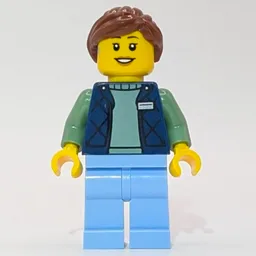 LEGO Employee, Dark Blue Torso, Bright Light Blue Legs, Reddish Brown Hair