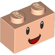 Lego Brick 1 x 2 with Face, Smiling, Red/Dark Red Mouth print / Light Nougat