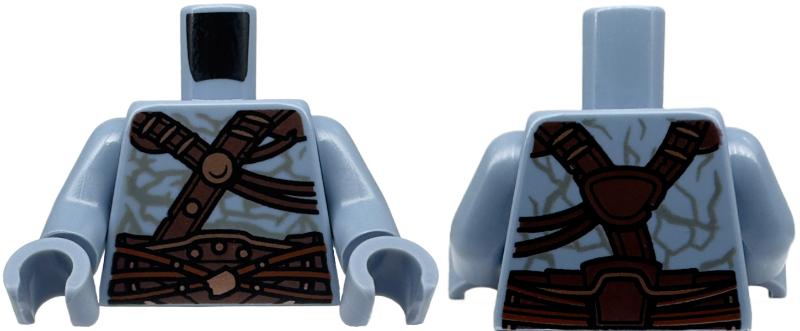 Lego Torso Armor Dark Brown and Dark Orange Straps with Copper Trim over Alien Skin with Dark Bluish Gray Contours Pattern / Sand Blue Arms / Sand Blue Hands
