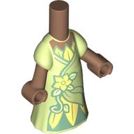 Lego Microdoll Body Long Dress Yellowish Green with Dark Green Under Dress, Bright Light Yellow Flower, Medium Brown Hands / Medium Brown