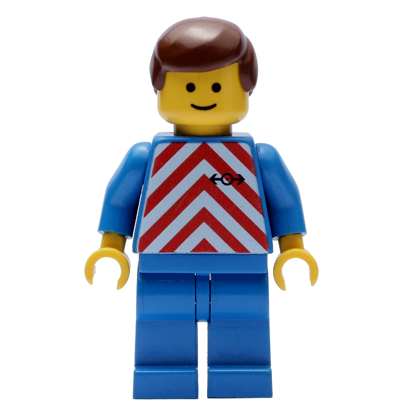 Lego Train Worker - Red/White Shirt, Blue Legs, Brown Hair (3626b Head)