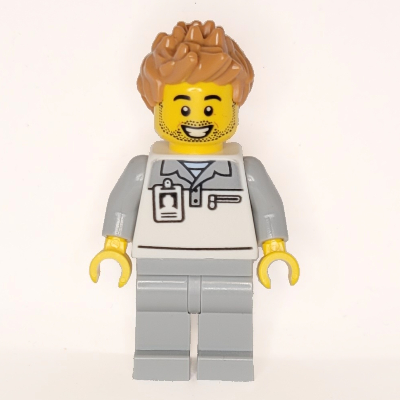Lego Garage Worker, White/Light Bluish Grey Suit, Medium Nougat Hair