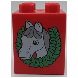 Duplo Brick 2 x 2 x 2 with Horse Head and Wreath Print / Red