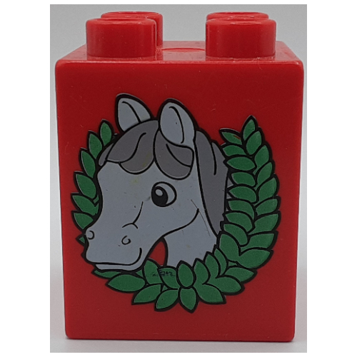 Lego Duplo Brick 2 x 2 x 2 with Horse Head and Wreath Print / Red