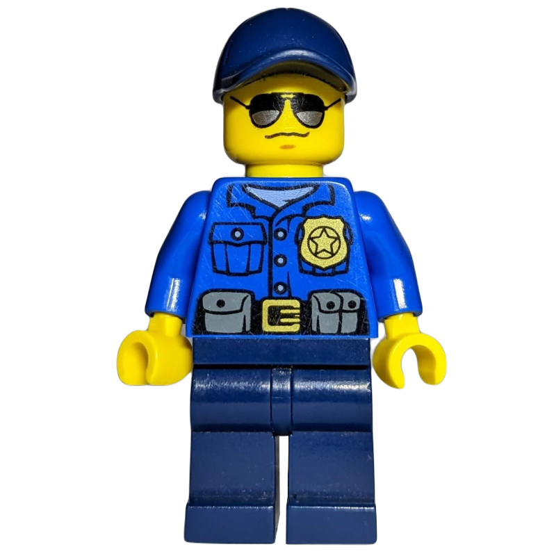 Lego Policeman, Blue Shirt with Badge and Pouches, Dark Blue Legs, Dark Blue Cap, Sunglasses