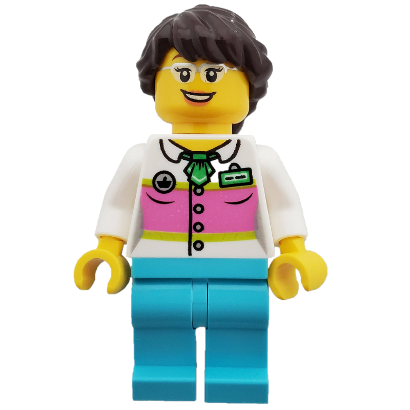 Lego White Torso, Medium Azure Legs, Dark Brown Hair