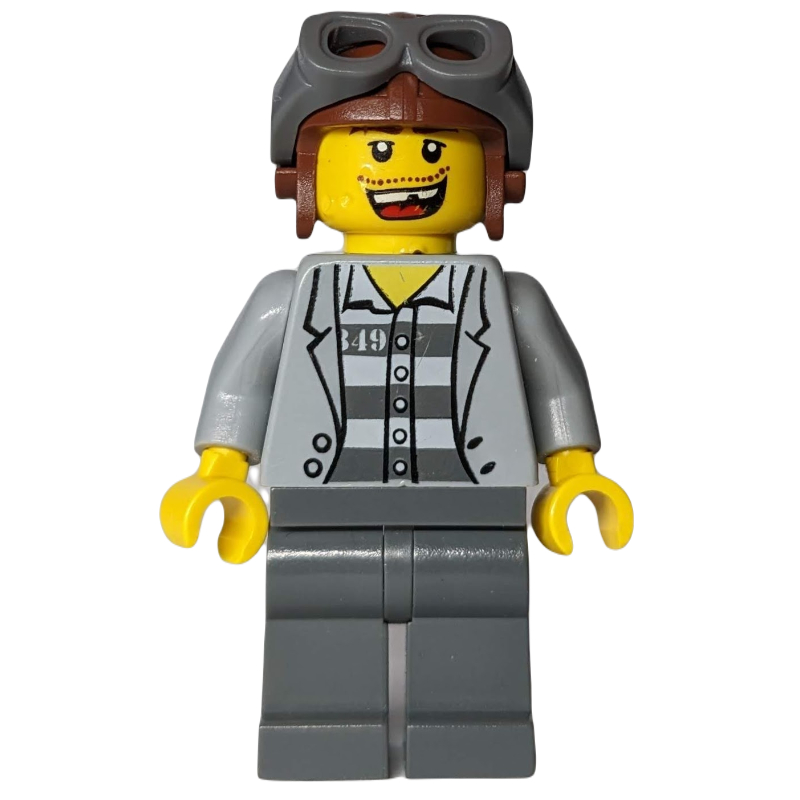 Lego Criminal, Open Light Bluish Gray Jacket over Prison Shirt, Reddish Brown Hat with Goggles