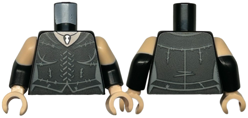 Lego Torso Female Corset Dress with Dark Bluish Gray Laces and Stitching, Silver Pendant Necklace, Light Nougat Neck Pattern / Black Arms with Molded Light Nougat Short Sleeves Pattern / Light Nougat Hands