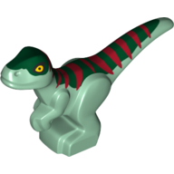 Lego Animal, Dinosaur, Raptor, Baby, Dark Green Top, Dark Red Stripes Print / Sand Green