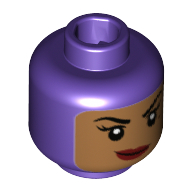 Lego Minifig Head Batgirl, Balaclava with Medium Nougat Face, Beauty Mark, Crooked Smile Print [Hollow Stud] / Dark Purple