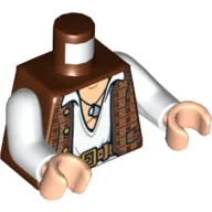Torso, Vest with Gold Design with White Open Shirt, Belt and Pendant Print, White Arms, Light Nougat Hands / Reddish Brown