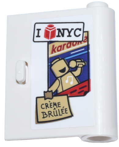 Lego Door 1 x 3 x 3 Right - Open Between Top and Bottom Hinge with 'I NYC' and Red Brick, Karaoke Poster and Tan Note 'CRÈME BRÛLÉE' (CREME BRULEE) Pattern (Sticker) - Set 76218