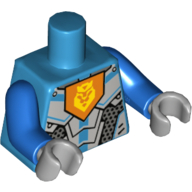 Lego Torso Armour, Orange Pentagon with Yellow Lion Print, Blue Arms, Light Bluish Gray Hands / Dark Azure