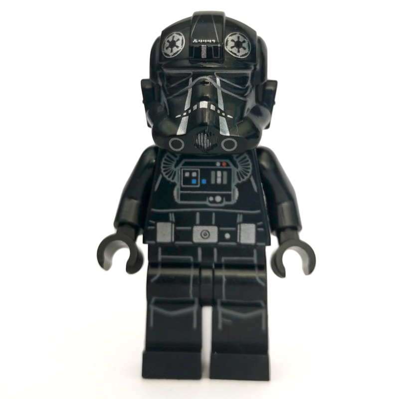 Lego TIE Pilot, Printed Legs, Two Silver Stripes on Helmet, Silver Belt Pouches, Open Mouth