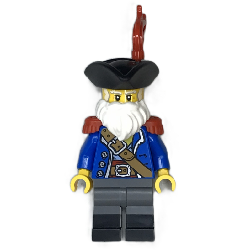 Lego Pirate Captain Ogel, Blue Torso, Dark Bluish Grey Legs, Red Epaulets, Beard, Black Hat