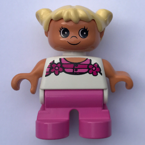 Lego Duplo Figure, Early Child, with Pigtails Light Yellow, Dark Pink Legs, Pink Stripes and Flowers Print / White