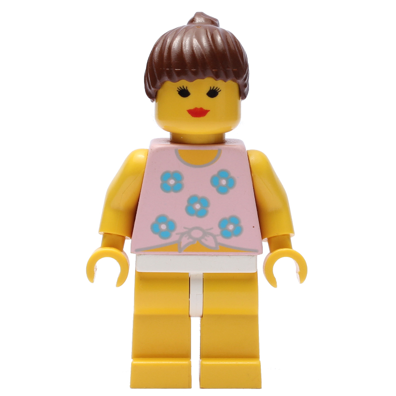 Lego Woman, Tied Pink Tank Top with Flowers, Yellow Legs, Brown Hair