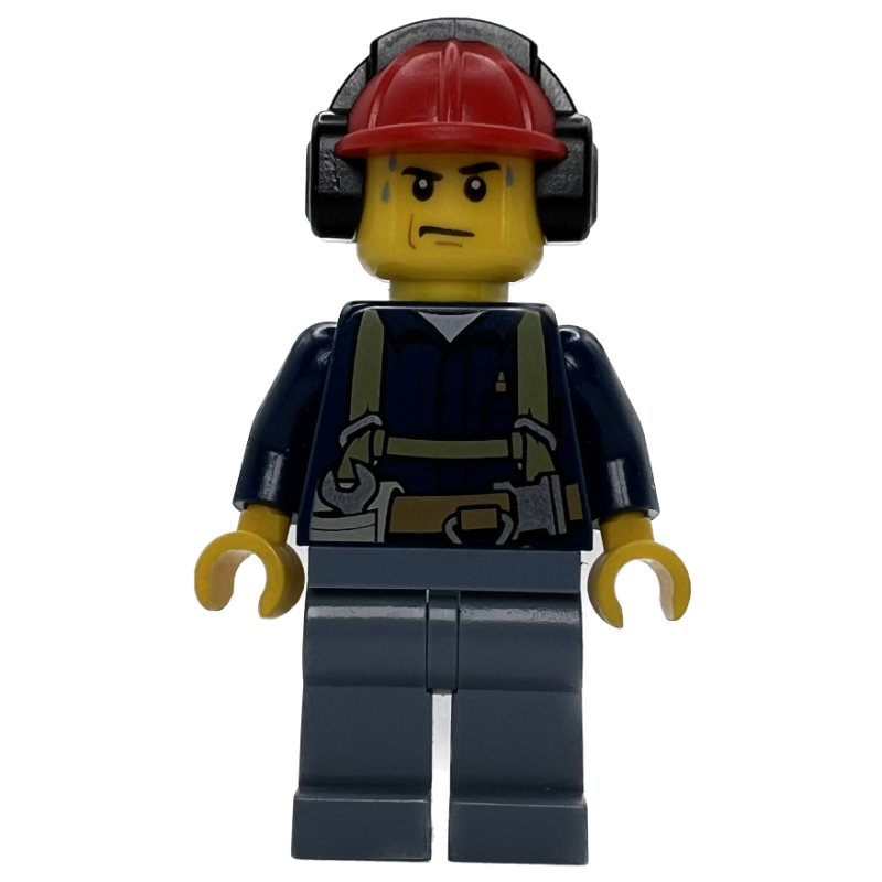 Lego Construction Worker, Dark Blue Shirt with Harness, Red Hard Hat with Ear Defenders, Sweat Drops