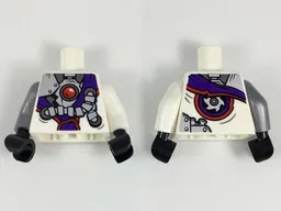 Torso Ninjago Robe with Purple Sash with Knot, Mechanical Parts and Silver Saw Blade Pattern / White Arm Left / Flat Silver Arm Right / Black Hands