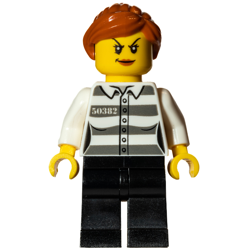 Lego Criminal, Woman, Prison Shirt with #50382, Dark Orange Hair