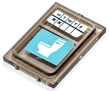 Lego Glass for Train Door with Lip on All Sides with Medium Azure Restroom Sign and Weekly Cleaning Schedule with 'M T W T F' on White Background Pattern (Stickers) - Set 41731