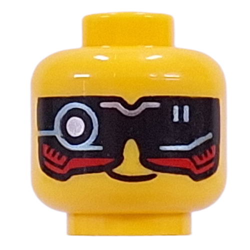 Lego Minifig Head Cooper, Scowl/Black Visor with Red/Dark Turquoise/Silver Circuitry / Yellow