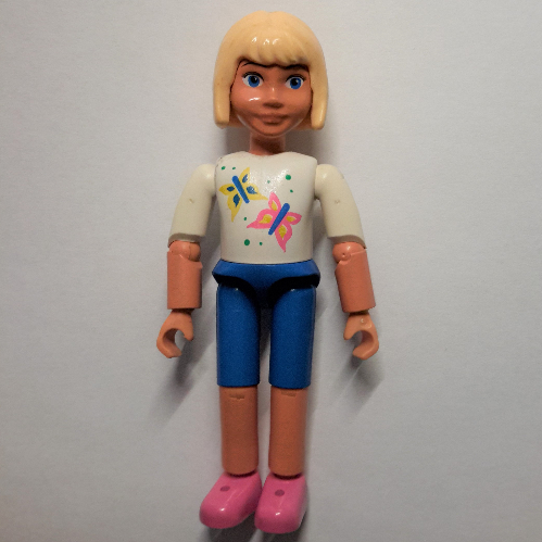 Lego Belville Figure Articulated Elbows, Child, Female, Light Yellow Hair, Blue Shorts, White Shirt with Butterfly Print / White