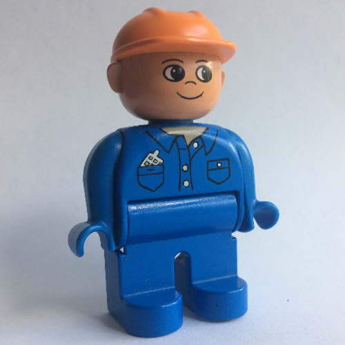Lego Duplo Figure, Early, Hard Hat Orange, Blue Legs, Shirt with Pockets / 'Cargo' on Back Print / Blue