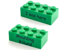 Brick 2 x 4 with Kornmarken Factory Tour Black 'I was here' and 'Moulding Billund' Pattern on Opposite Sides