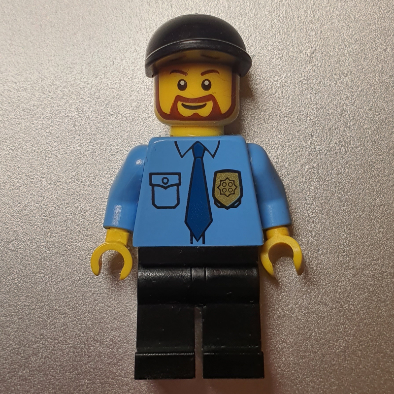 Lego Policeman, Medium Blue Shirt with Badge and Tie, Black Cap, Beard